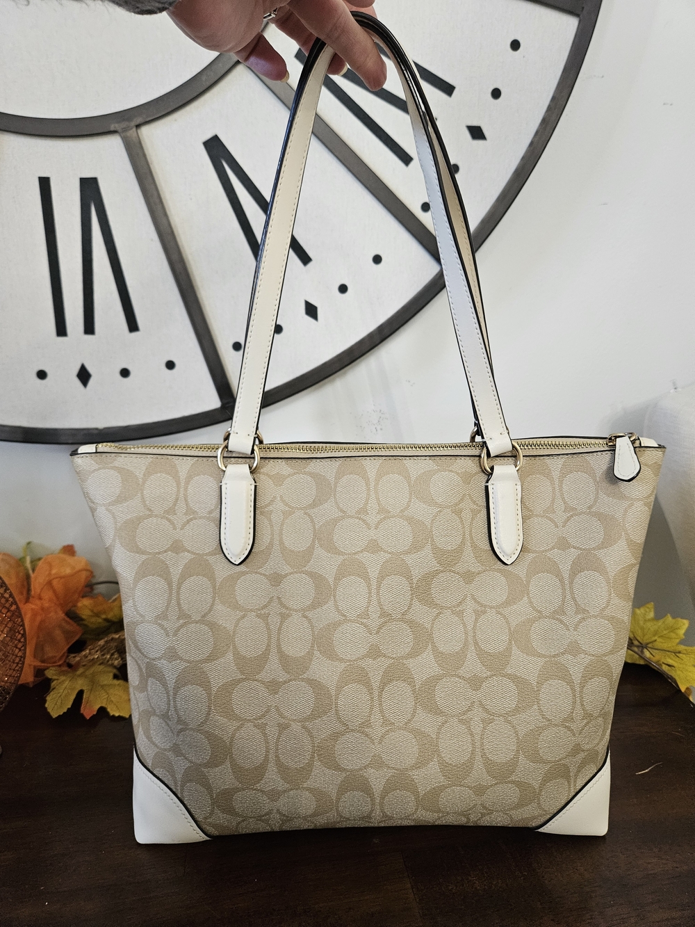 Coach Beige Signature Canvas Tote with White Trim - Picture 2 of 11